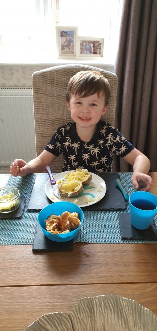 At Table Ethan Helping Cook Dinner Aug 2020