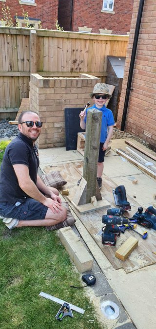 Ethan And I Stand Building Bird House April 2020