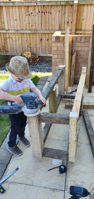 Ethan Sanding Frame Building Mud Kitchen Part 1 June 2020