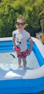 Ethan Batman Goggles Paddling Pool Fun June 2021
