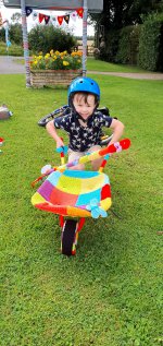 Ethan Knitted Wheelbarrow Combine Harvester Bike Ride Aug 2020