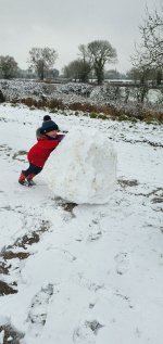 Ethan Pushing Snowball Full Snow Day Jan 2021