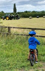 Ethan Watching Tractor Baling Hay July 2020